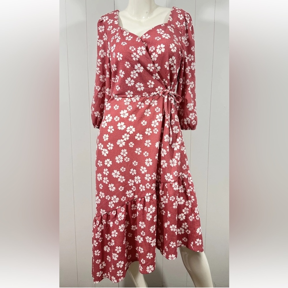 NWT Cato Sz M Women’s 3/4 Sleeve Pink Midi Fit & Flare Floral Dress